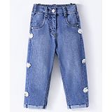 Little Kangaroos Denim Full Length Washed Jeans With Floral Applique - Light Blue