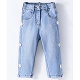 Little Kangaroos Denim Full Length Washed Jeans With Floral Applique - Blue