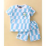 Little Kangaroos Lycra Woven Half Sleeves  T-Shirt & Shorts Set with Text Print - Sky Blue