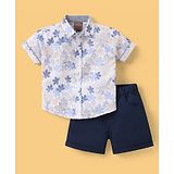 Little Kangaroos 100% Cotton Half Sleeves Shirt & Shorts Set with Leaf Print - Blue