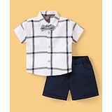 Little Kangaroos 100% Cotton Knit Half Sleeves Checks Shirt & Shorts Set with Bow- White