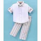 Little Kangaroos 100% Cotton Knit Full Sleeves Solid Colour Shirt with Striped Trousers & Bow - White