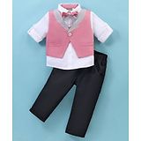 Little Kangaroos Textile Woven Full Sleeves Shirts & Shorts with Waist Coat & Bow - Red