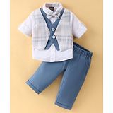 Little Kangaroos 100% Cotton Full Sleeves Checks 3 Pieces Party Suit -Blue