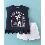 Little Kangaroos 100% Cotton Knit Sleeveless Top & Shorts Set Palm Tree Print - Navy Blue