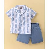 Little Kangaroos Textile  Knit Half Sleeves  Shirt & Shorts Set with Leaf & Pineapple Print - Blue