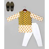 Naughty Ninos Pure Cotton Full Sleeves Abstract   Printed Kurta &  Pyjamas With Nehru Jacket  - Yellow