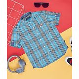 Pantaloons Junior Half Sleeves Checked & Fox Printed Shirt - Blue Atoll