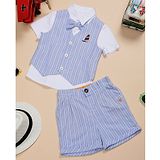 One Friday Half Sleeves Solid Shirt With Stripped Waistcoat Shorts & Bow Set - Blue