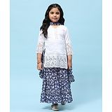 BIBA Three Fourth Sleeves Schifli Embroidered & Floral Printed Kurta Sharara With Dupatta - White