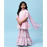 BIBA Half Sleeves Floral Printed & Lace Embellished Kurta Sharara With Dupatta - Pink