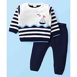 Babyhug Knit Full Sleeves Sweater Set With Stripes & Nautical Theme Design - Navy Blue & White