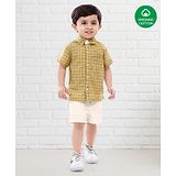 Nino Bambino Organic Cotton Half Sleeves Checked Shirt With Shorts - Olive Green & White