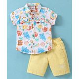 Ruff Cotton Blend Woven Half Sleeves Shirt and Shorts Set Tiger Print - White & Yellow