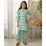 Fairies Forever Cotton Lurex Three Fourth Sleeves Floral Printed & Lace Embellished Kurta With Afghan Style Pant - Green