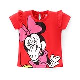 Babyhug Disney Cotton Knit Cap Half Sleeves Top With Frills Detailing & Minnie Mouse Graphics - Red