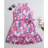 Taffykids Halter Neck Floral Printed Chiffon A Line Tiered Dress - Pink & Multi Colour