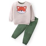 Babyhug Cotton Terry Knit Full Sleeves T-Shirt & Lounge Pants Set With Fox Applique - Green