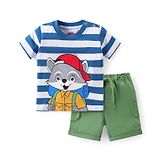 Babyhug Cotton Knit Half Sleeves Striped T-Shirt & Shorts Set With Fox Print - Multicolor