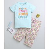 BUMZEE Cotton Knit Half Sleeves Good Vibes Only Text Printed Tee & Capri Set - Sky Blue & Multi Colour