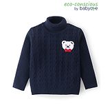 Babyoye 100% Cotton Full Sleeves Turtle Neck Solid Dyed T-Shirt with Bear Embroidery - Black