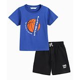 Campana 100% Cotton Jersey Half Sleeves Basketball Printed T-Shirt With Shorts Set - Purplish Blue & Black