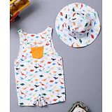 One Friday Sleeveless Dinosaurs Printed Dungaree With Cap - Off White