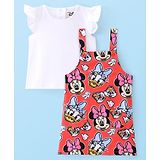 Babyhug Disney Single Jersey Dungaree Style Frock Minnie Mouse Print with Frill Sleeves Solid Top - Red & White