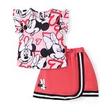 Babyhug Disney Cotton Knit Frill Sleeves Top & Shorts Set With Minnie Mouse Graphics - Red