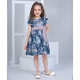 Peppermint Sleeveless Floral Printed & Bow Applique Party Wear Dress - Teal Blue