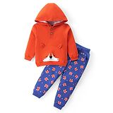 Babyhug Cotton Knit Full Sleeves Hooded T-Shirt & Lounge Pants Set With Fox Print & Applique - Neon Orange & Blue