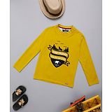 One Friday Full Sleeves Wolf Printed Cotton T-shirt - Yellow