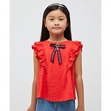 One Friday Sleeveless Frill Detailed & Floral Embroidered Top - Red