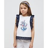 One Friday Frill Sleeves Nautical Theme Printed Top - White