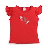 Tiny Girl Frill Sleeves Floral Applique Detailed & Beads Embellished Top - Red