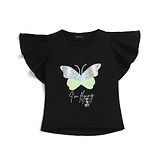 Tiny Girl Flutter Sleeves Butterfly Printed & Sequin Embellished Top - Black