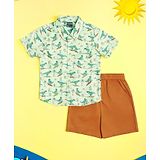 Nauti Nati Cotton Half Sleeves Dinosaurs Printed Shirt & Solid Shorts Set - Green