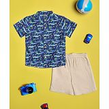 Nauti Nati Cotton Half Sleeves Bird Printed Shirt & Solid Shorts Set - Navy Blue