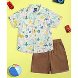 Nauti Nati Cotton Half Sleeves Jungle Theme Printed Shirt & Solid Shorts Set - Green