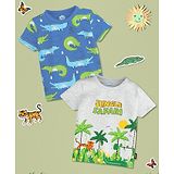 Nauti Nati Pack Of 2 Half Sleeves Jungle Theme & Animals Printed Tees - Blue & Grey Melange