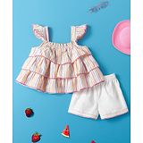 Nauti Nati Cotton Cap Sleeves Layered Top & Shorts Set - Pink