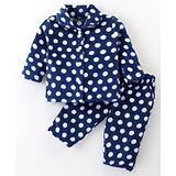 Kanvin Supersoft Extra Warm Velour Full Sleeves Winter Night Suit With Polka Dots Print - Navy Blue