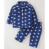 Kanvin Supersoft Extra Warm Velour Full Sleeves Winter Night Suit With Stars Print - Navy Blue