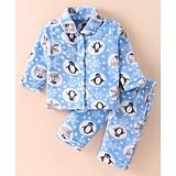 Kanvin Supersoft Extra Warm Velour Full Sleeves Winter Night Suit With Penguin Print - Sky Blue