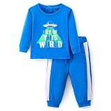 Doodle Poodle Cotton Knit Raglan Sleeves T-Shirt & Lounge Pants Set With UFO Print - Blue