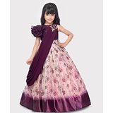 Betty By Tiny Kingdom One Shoulder Floral Printed & Mirror Work Embroidered Party Wear Gown - Wine