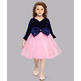 PinkChick Full Sleeves Bow Detailed Velvet Dress - Navy Blue And Pink