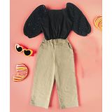 Bella Moda Cotton Three Fourth Balloon Sleeves Schiffli Embroidered  Top & Pant Set - Black