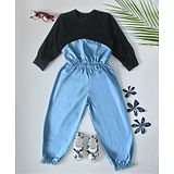 Bella Moda Cotton Full Sleeves Colour Blocked Top & Solid Joggers Set - Blue