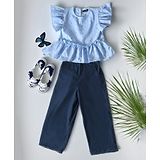 Bella Moda Cotton Frill Sleeves Abstract Printed Top & Solid Pant Set - Navy Blue